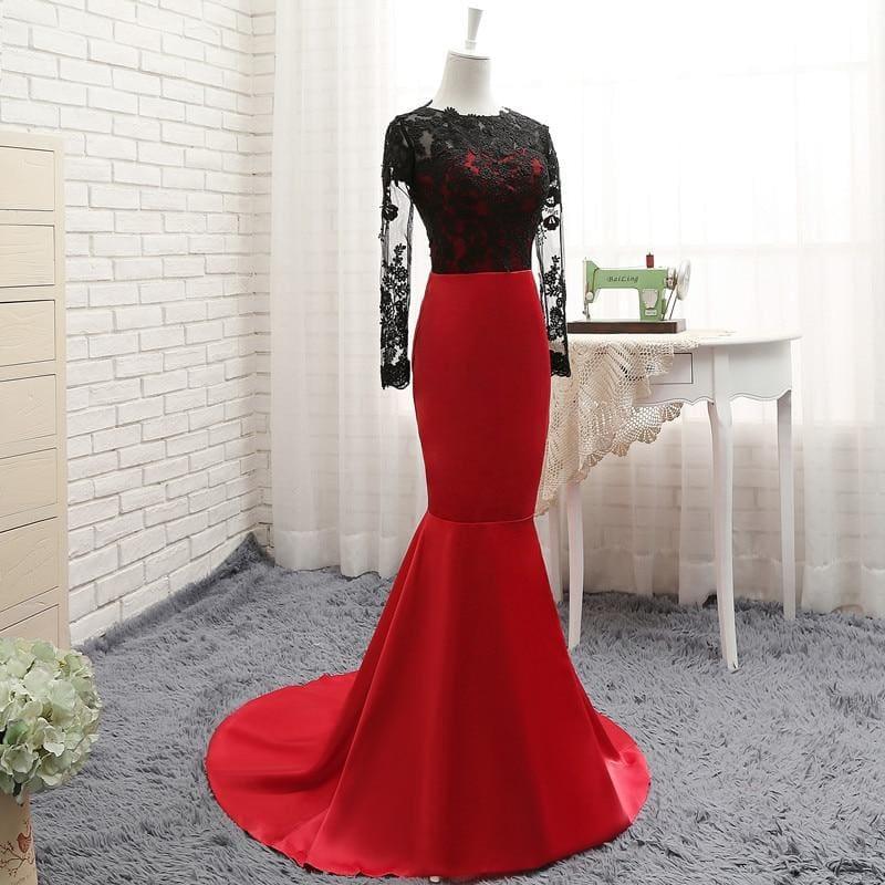 Red Satin With Black Lace Long Sleeve Evening Dress - Gown
