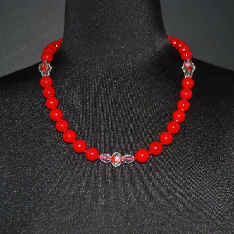 Red Shell Pearls Bead Crystal Ascent Necklace. - Handmade