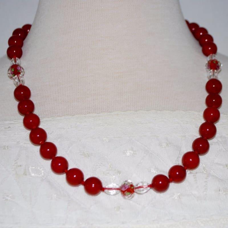 Red Shell Pearls Bead Crystal Ascent Necklace. - Handmade
