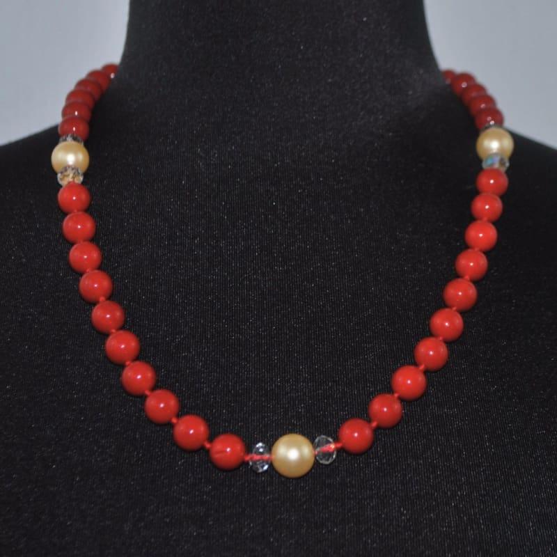 Red Shell Pearls With Cream Ascent Necklace. - Handmade