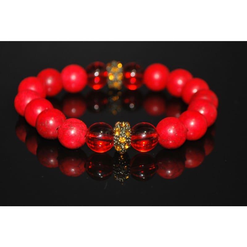 Red Turquoise Bead With Yellow And Gold Rhinestone Beaded Womens Bracelets - Handmade