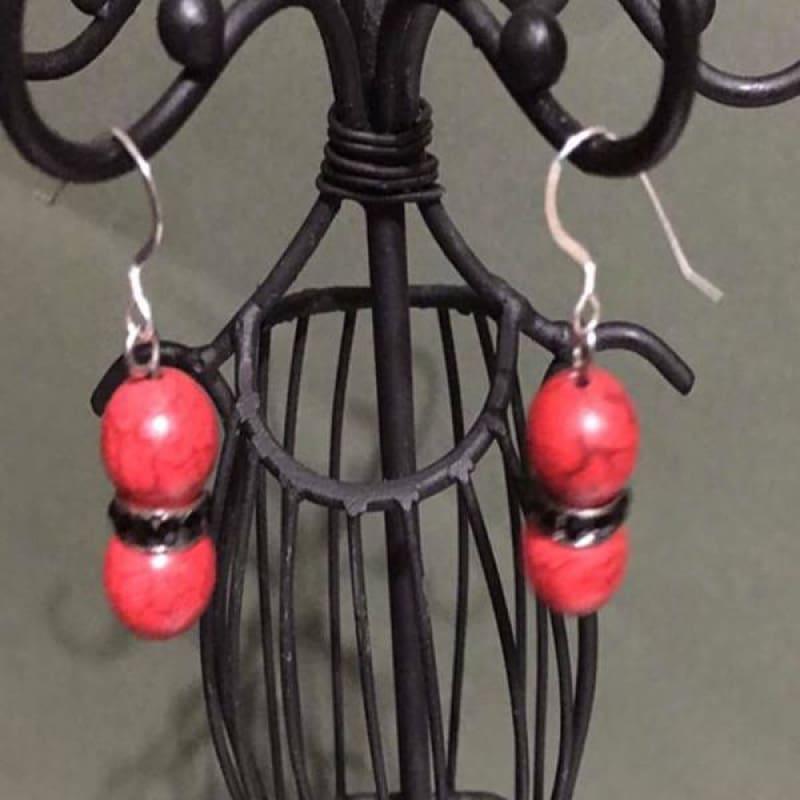 Red Turquoise Black Rhinestone Earrings - Handmade
