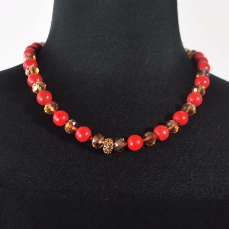 Red Turquoise with Rhinestones Necklace. - Handmade