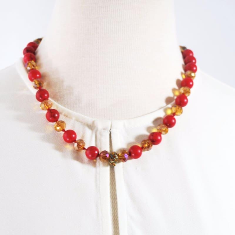 Red Turquoise with Rhinestones Necklace. - Handmade