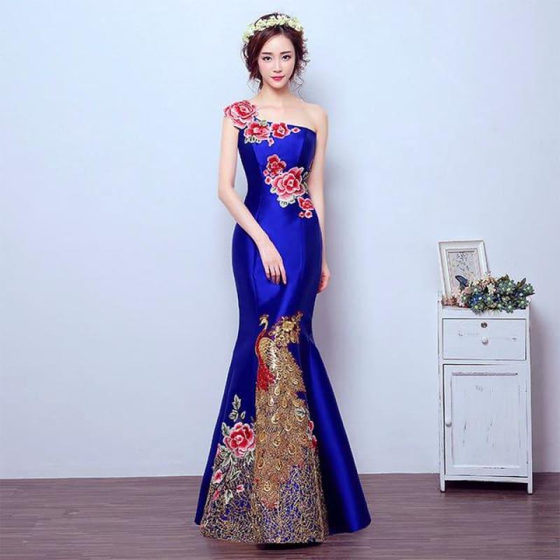 Retro Mermaid Tail Fashion Embroidery Qipao Long Cheongsam Chinese Traditional Dress - Blue / S - Gown