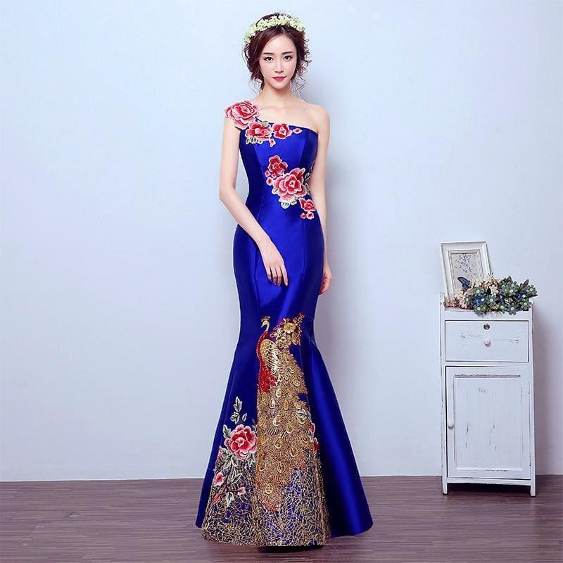 Retro Mermaid Tail Fashion Embroidery Qipao Long Cheongsam Chinese Traditional Dress - Gown