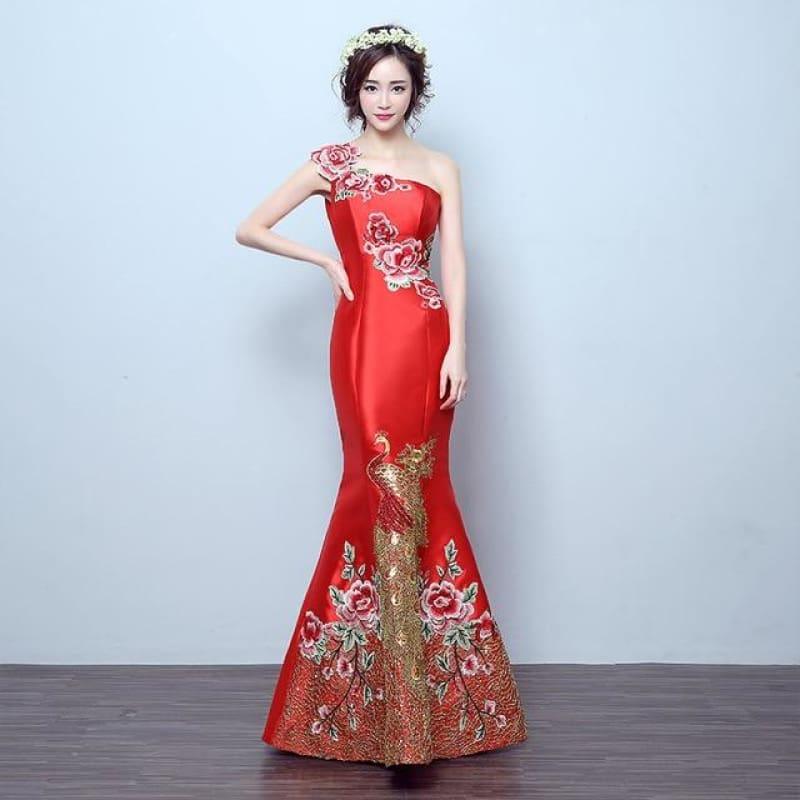 Retro Mermaid Tail Fashion Embroidery Qipao Long Cheongsam Chinese Traditional Dress - Red / S - Gown