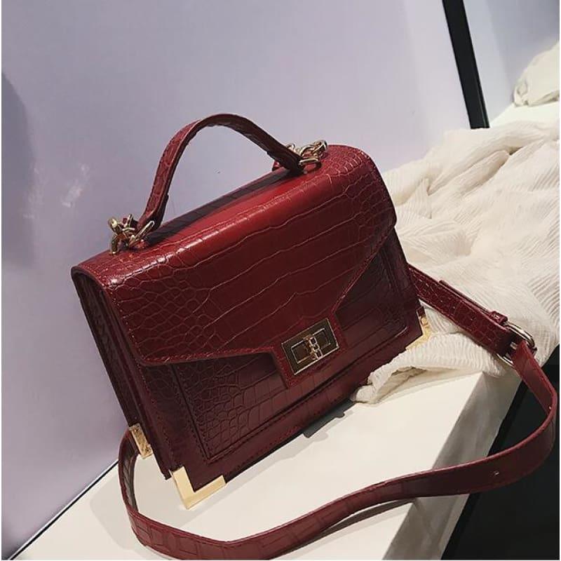 Retro Square Crocodile Tote Lock Shoulder Bag - Red / 22 X 9 X 16 Cm - Handbag