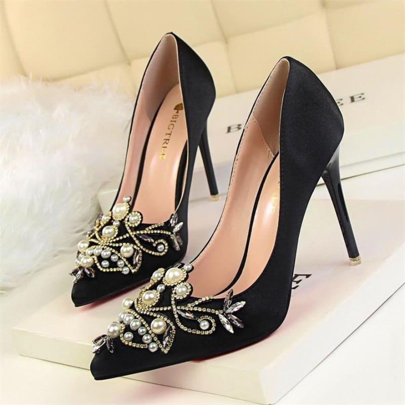 Rhinestone High Heels Pointed Toe Crystal Pearl Party ShoesPumps - Black / 4.5 - Pumps