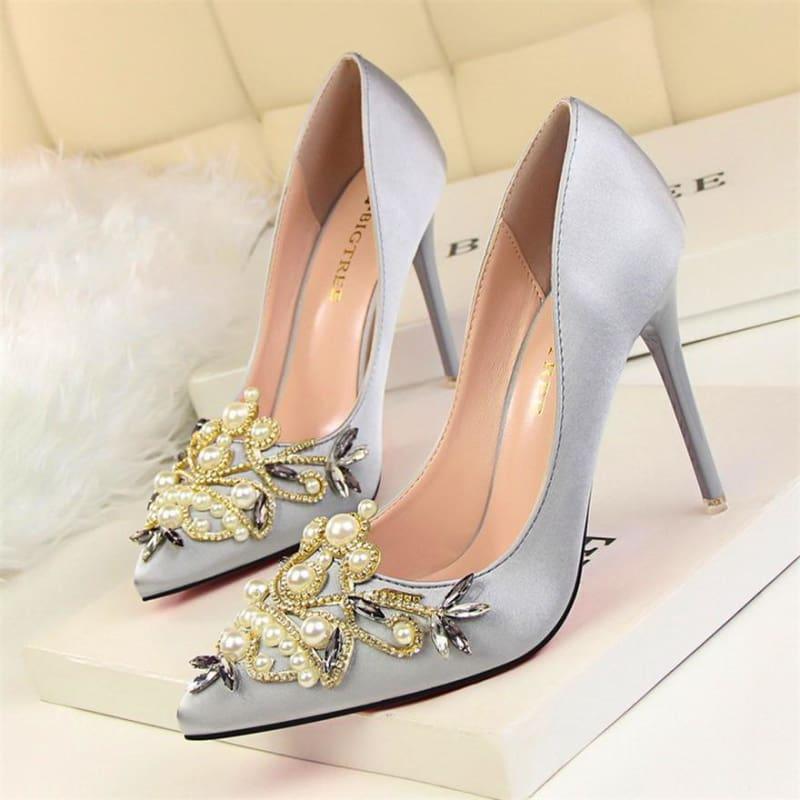 Rhinestone High Heels Pointed Toe Crystal Pearl Party ShoesPumps - Gray / 4.5 - Pumps