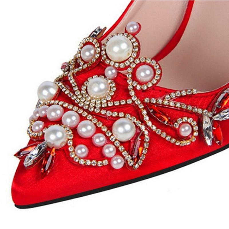 Rhinestone High Heels Pointed Toe Crystal Pearl Party ShoesPumps - Pumps