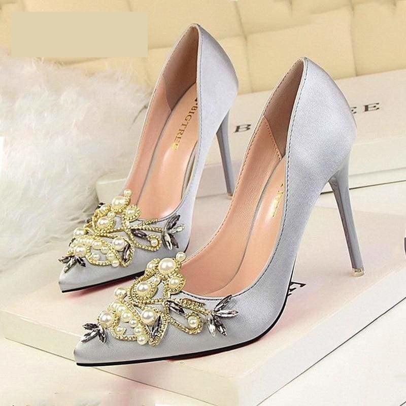 Rhinestone High Heels Pointed Toe Crystal Pearl Party ShoesPumps - Pumps