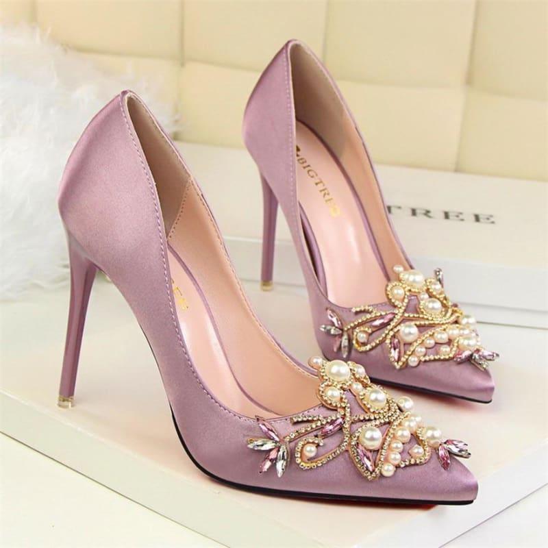 Rhinestone High Heels Pointed Toe Crystal Pearl Party ShoesPumps - Purple / 4.5 - Pumps