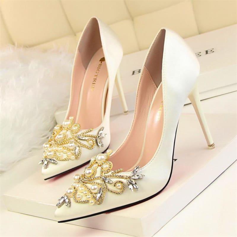 Rhinestone High Heels Pointed Toe Crystal Pearl Party Shoespumps - White / 4.5 - Pumps