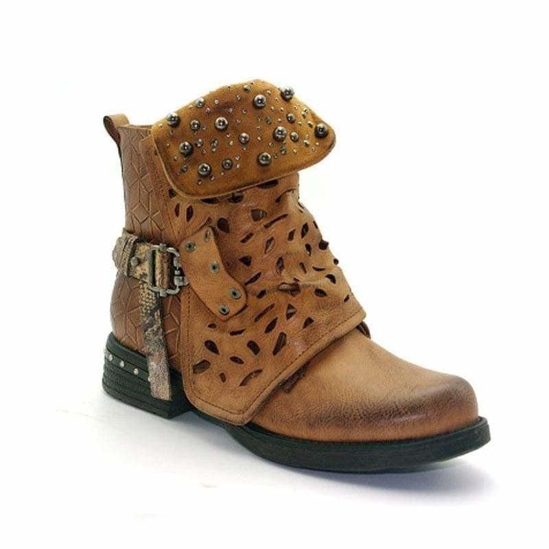 Rhinestone Winter Boots Zipper Rivet Buckle Lace-up Ankle Western Boots - Brown / 5.5 - boots