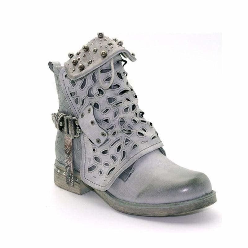 Rhinestone Winter Boots Zipper Rivet Buckle Lace-up Ankle Western Boots - Grey / 5.5 - boots