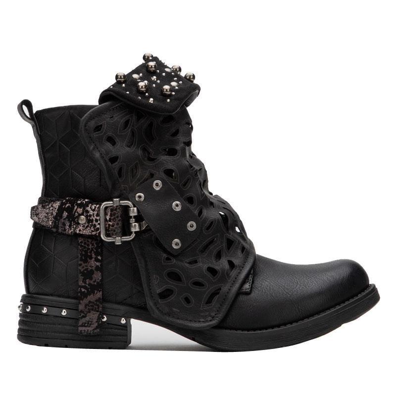 Rhinestone Winter Boots Zipper Rivet Buckle Lace-Up Ankle Western Boots - Boots