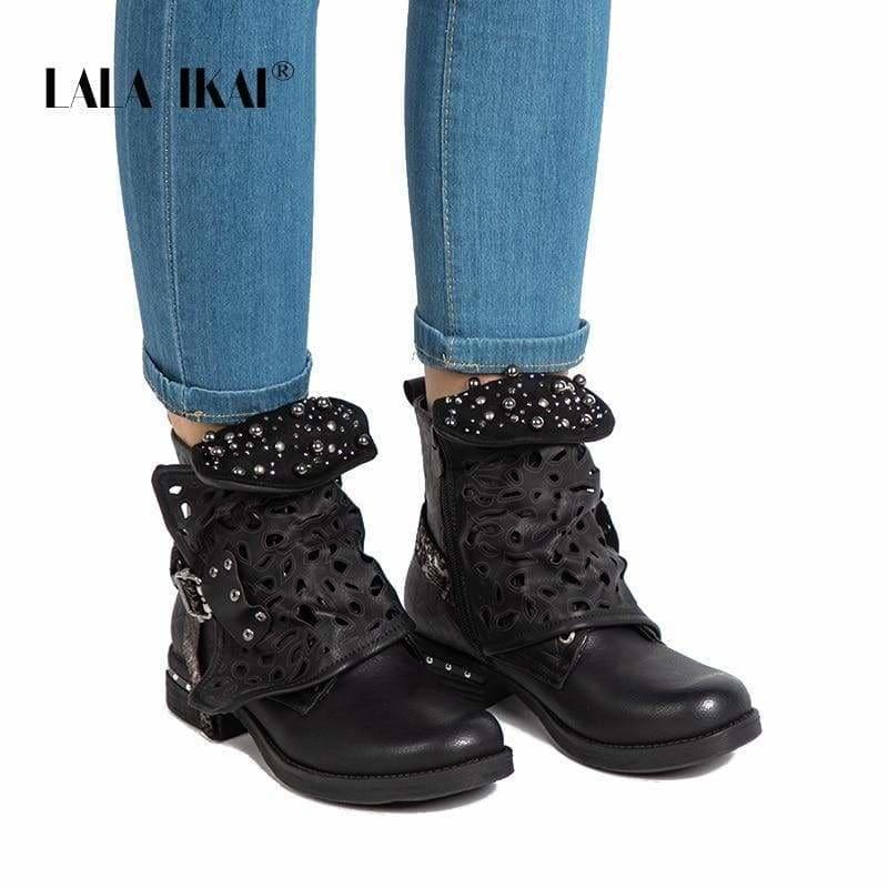 Rhinestone Winter Boots Zipper Rivet Buckle Lace-up Ankle Western Boots - boots