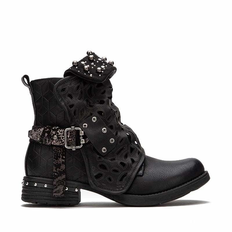 Rhinestone Winter Boots Zipper Rivet Buckle Lace-up Ankle Western Boots - boots