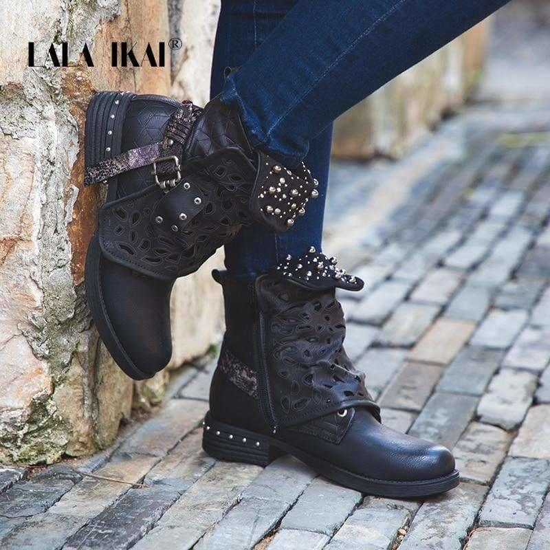 Rhinestone Winter Boots Zipper Rivet Buckle Lace-up Ankle Western Boots - boots