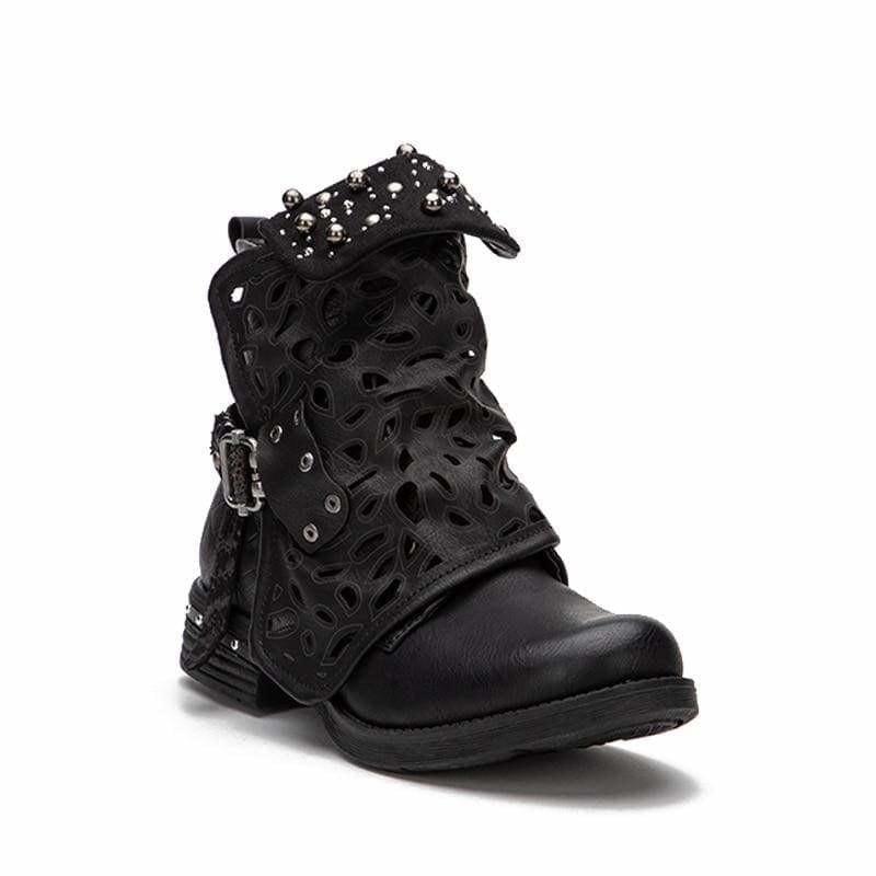 Rhinestone Winter Boots Zipper Rivet Buckle Lace-up Ankle Western Boots - boots