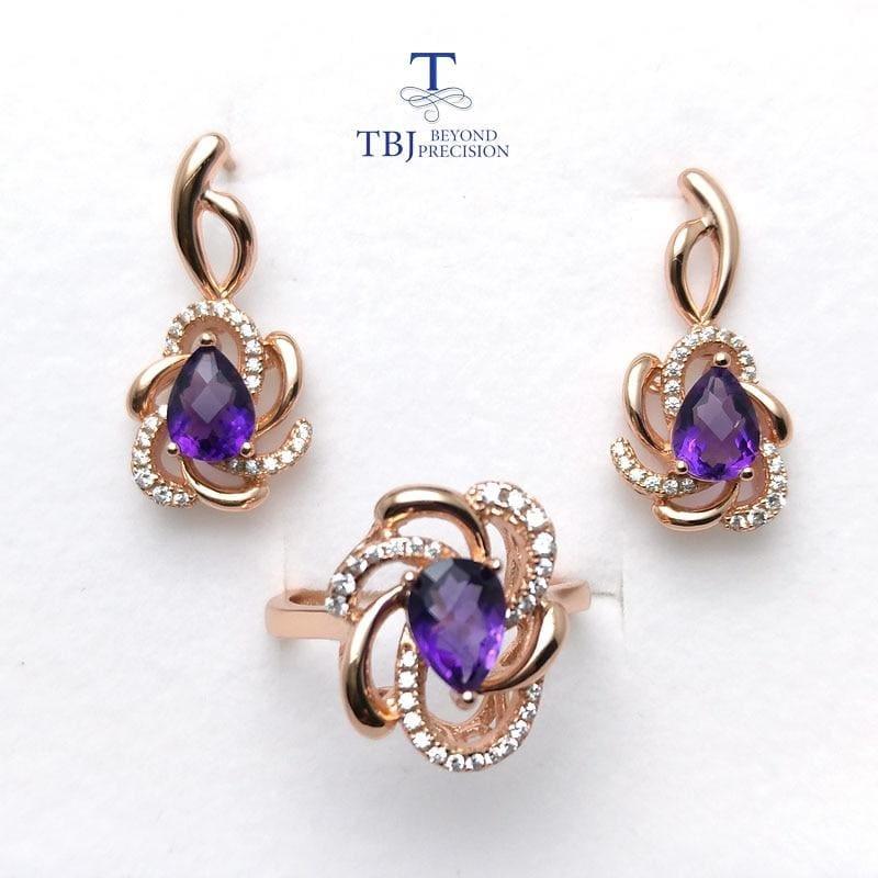 Romantic Design Natural Amethyst Gemstone Ring and Earring Jewelry Set - Jewelry Set