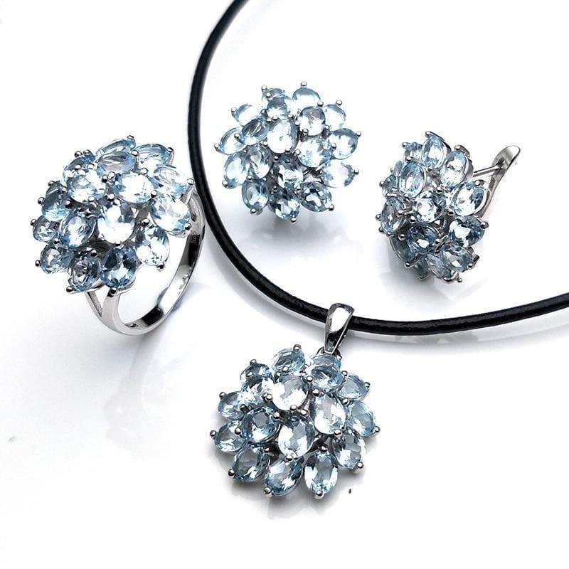 Romantic Natural Blue Topaz Gemstone Ring Pendant Earring Jewelry Set - jewelry set