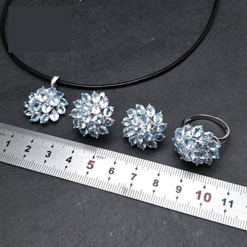 Romantic Natural Blue Topaz Gemstone Ring Pendant Earring Jewelry Set - jewelry set