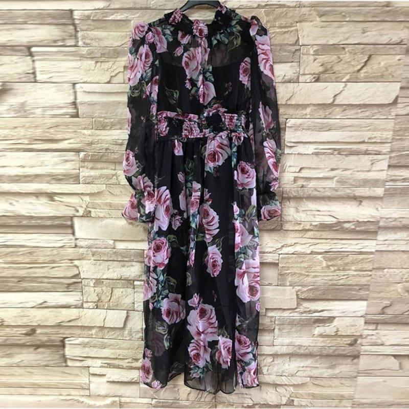 Romantic Rose Print Spring Elegant Turtleneck Waist Elastic Maxi Dress - Maxi Dress