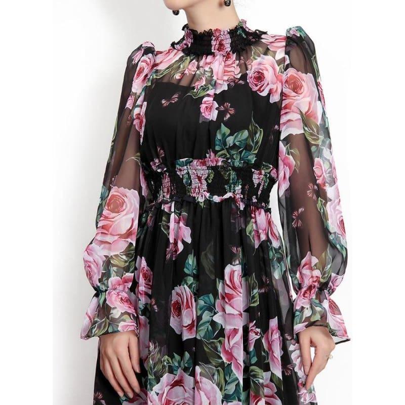 Romantic Rose Print Spring Elegant Turtleneck Waist Elastic Maxi Dress - Maxi Dress