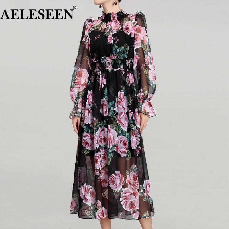 Romantic Rose Print Spring Elegant Turtleneck Waist Elastic Maxi Dress - Maxi dress