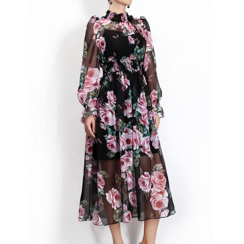 Romantic Rose Print Spring Elegant Turtleneck Waist Elastic Maxi Dress - Maxi Dress