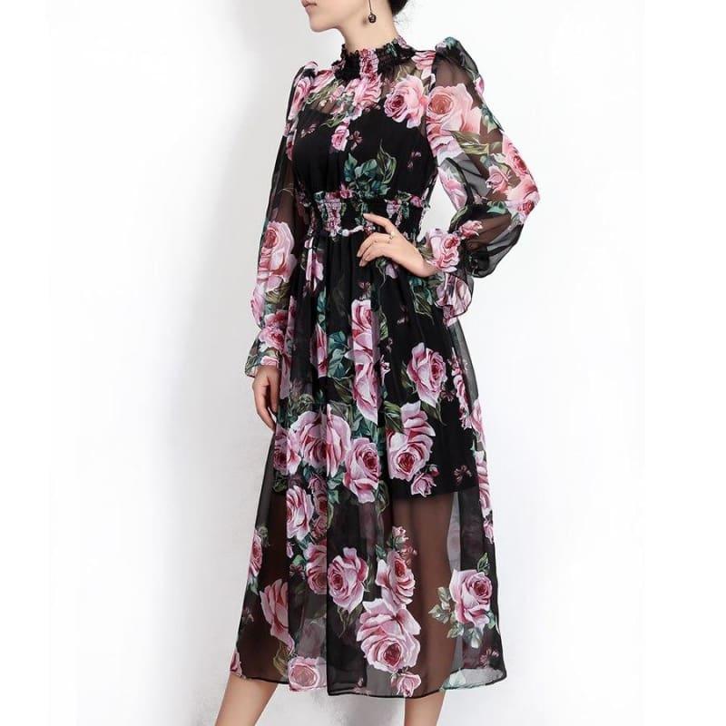 Romantic Rose Print Spring Elegant Turtleneck Waist Elastic Maxi Dress - Maxi Dress