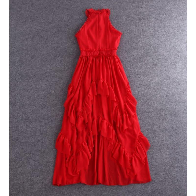 Romantic Sleeveless Elegant Red Chiffon Vintage Ruffles Summer Party Maxi Dress - Maxi Dress