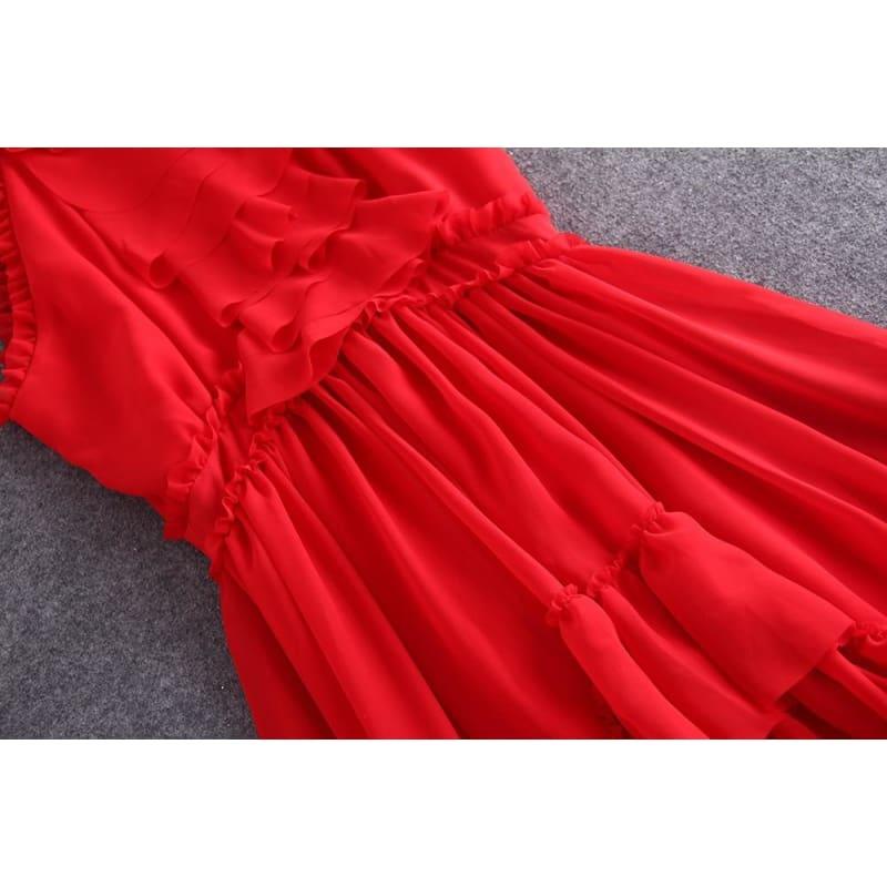Romantic Sleeveless Elegant Red Chiffon Vintage Ruffles Summer Party Maxi Dress - Maxi Dress