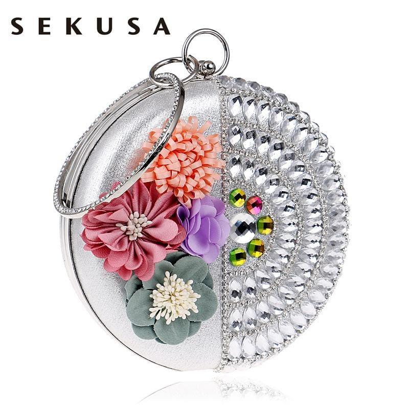 Round Women Rhinestones Beaded Clutch Flower Diamonds Lady Evening Bag - Clutch