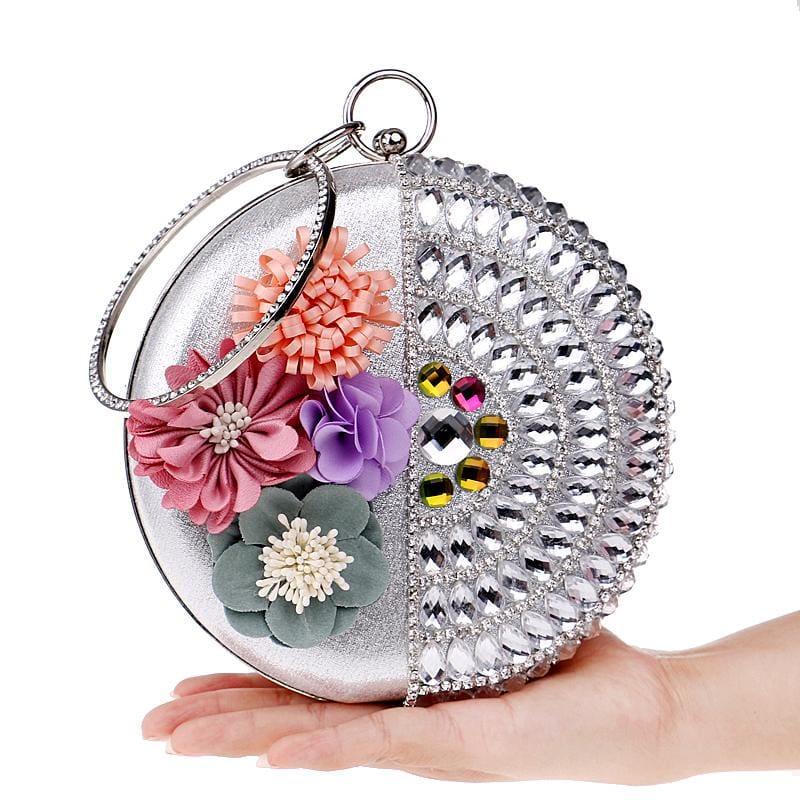 Round Women Rhinestones Beaded Clutch Flower Diamonds Lady Evening Bag - Clutch