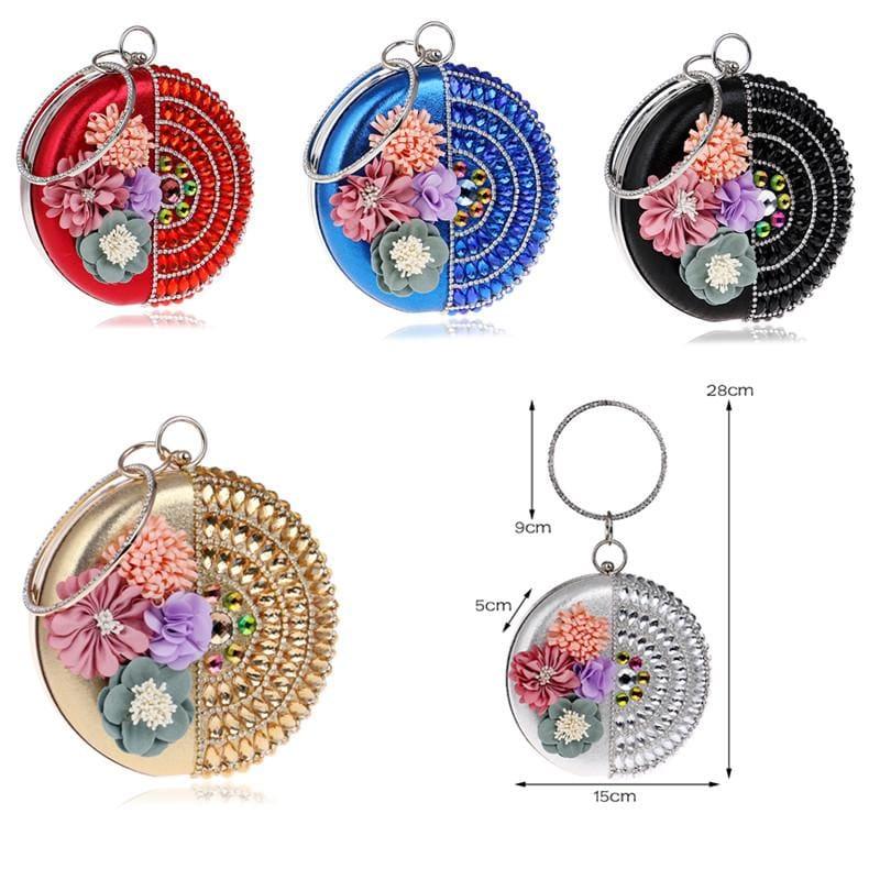 Round Women Rhinestones Beaded Clutch Flower Diamonds Lady Evening Bag - Clutch