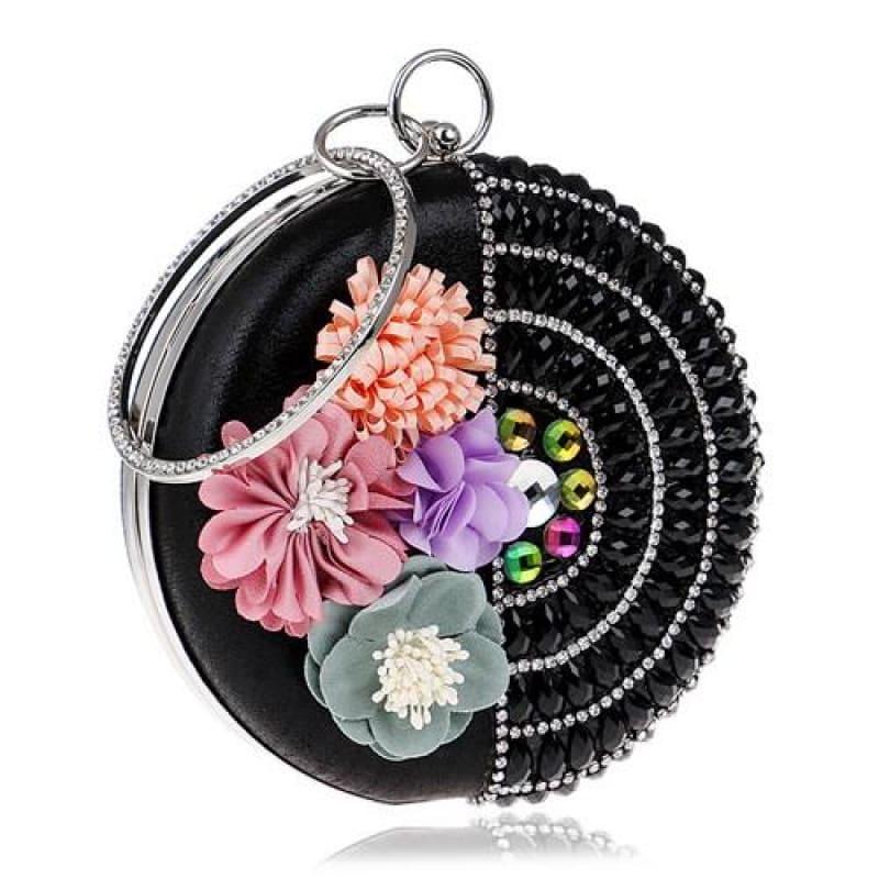 Round Women Rhinestones Beaded Clutch Flower Diamonds Lady Evening Bag - Ym1190Black - Clutch