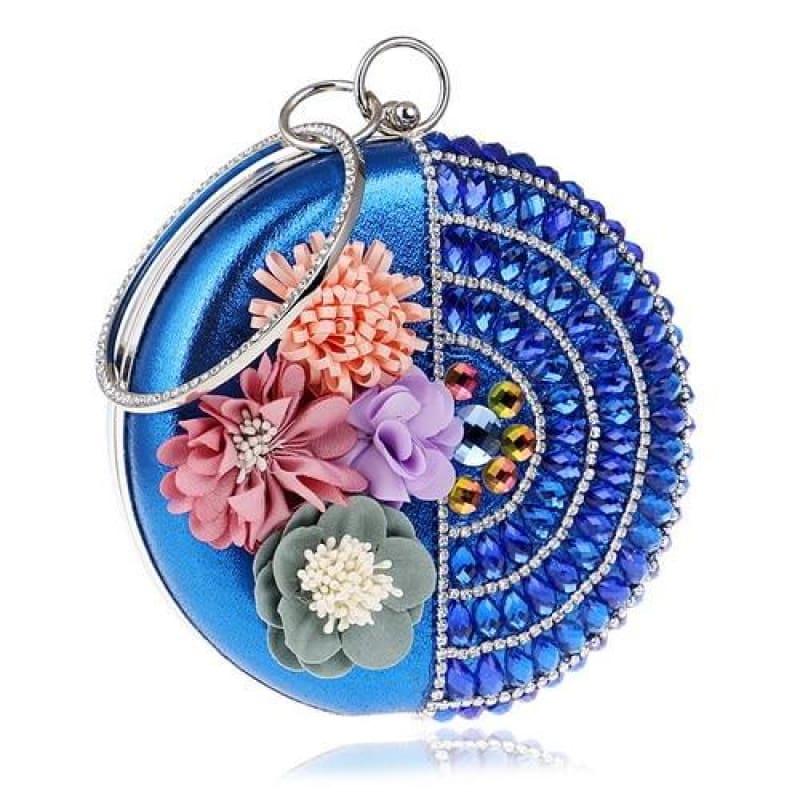 Round Women Rhinestones Beaded Clutch Flower Diamonds Lady Evening Bag - YM1190blue - Clutch