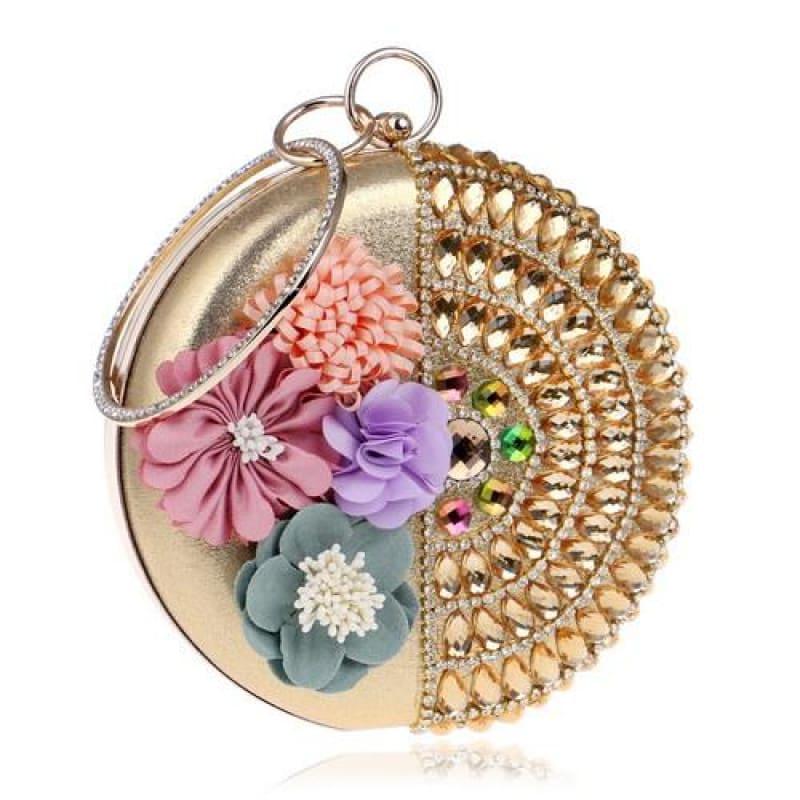 Round Women Rhinestones Beaded Clutch Flower Diamonds Lady Evening Bag - YM1190gold - Clutch