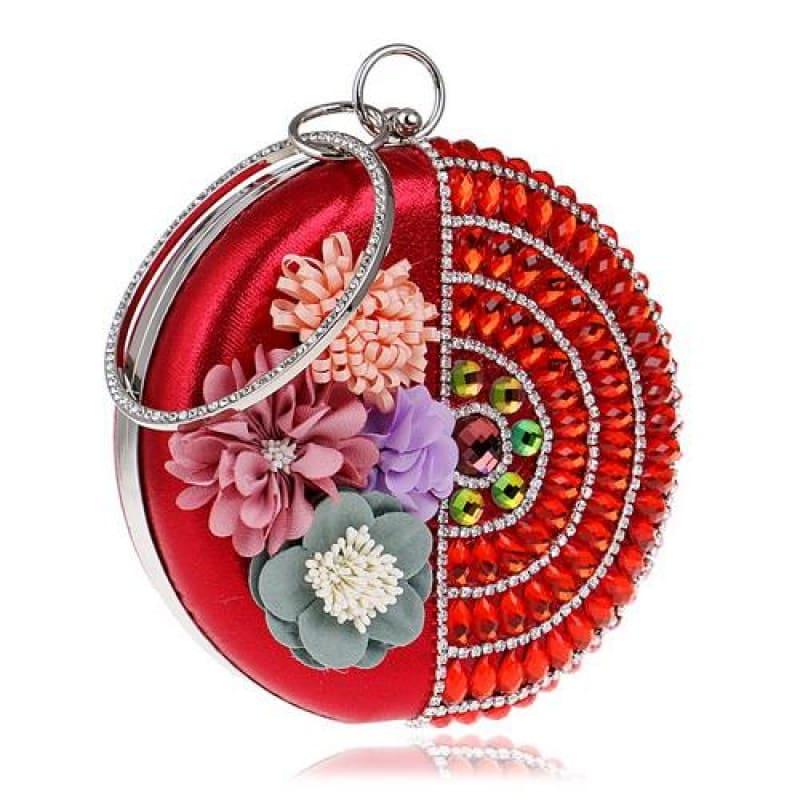 Round Women Rhinestones Beaded Clutch Flower Diamonds Lady Evening Bag - YM1190red - Clutch