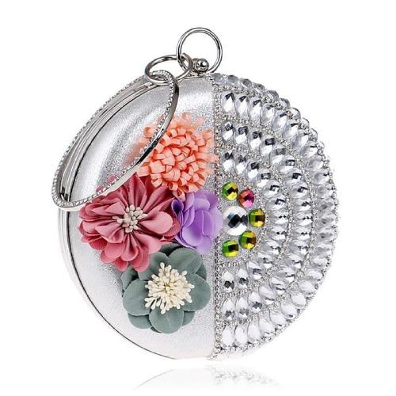 Round Women Rhinestones Beaded Clutch Flower Diamonds Lady Evening Bag - YM1190silver - Clutch