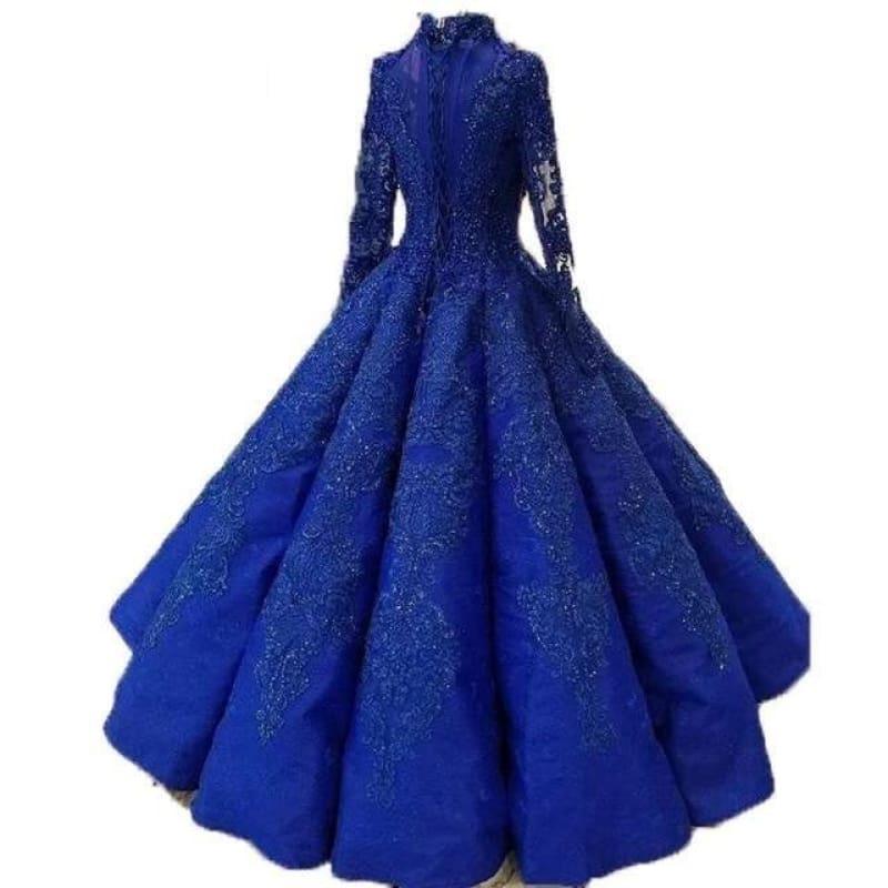 Royal Blue Floor Length Beaded Appliques Ball Gown Party Formal Dress - Blue / 2 - Gown