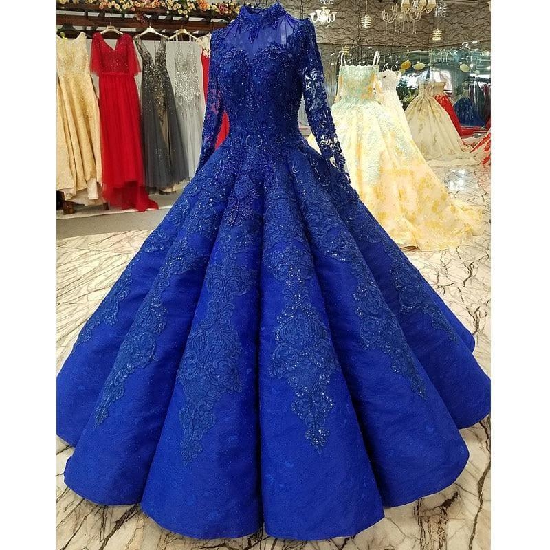 Royal Blue Floor Length Beaded Appliques Ball Gown Party Formal Dress - Black / 2 - Gown