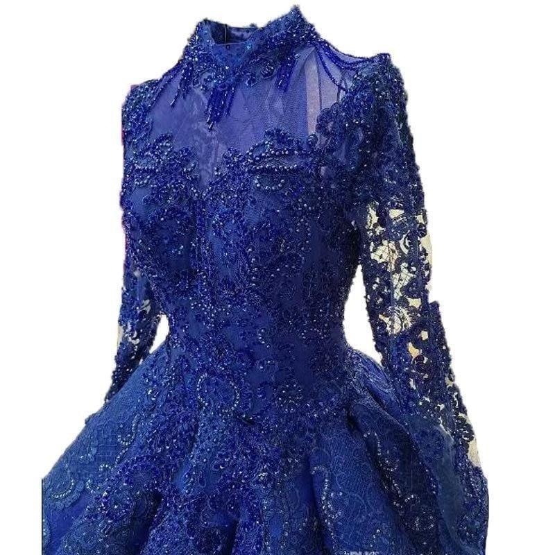 Royal Blue Floor Length Beaded Appliques Ball Gown Party Formal Dress - Gown