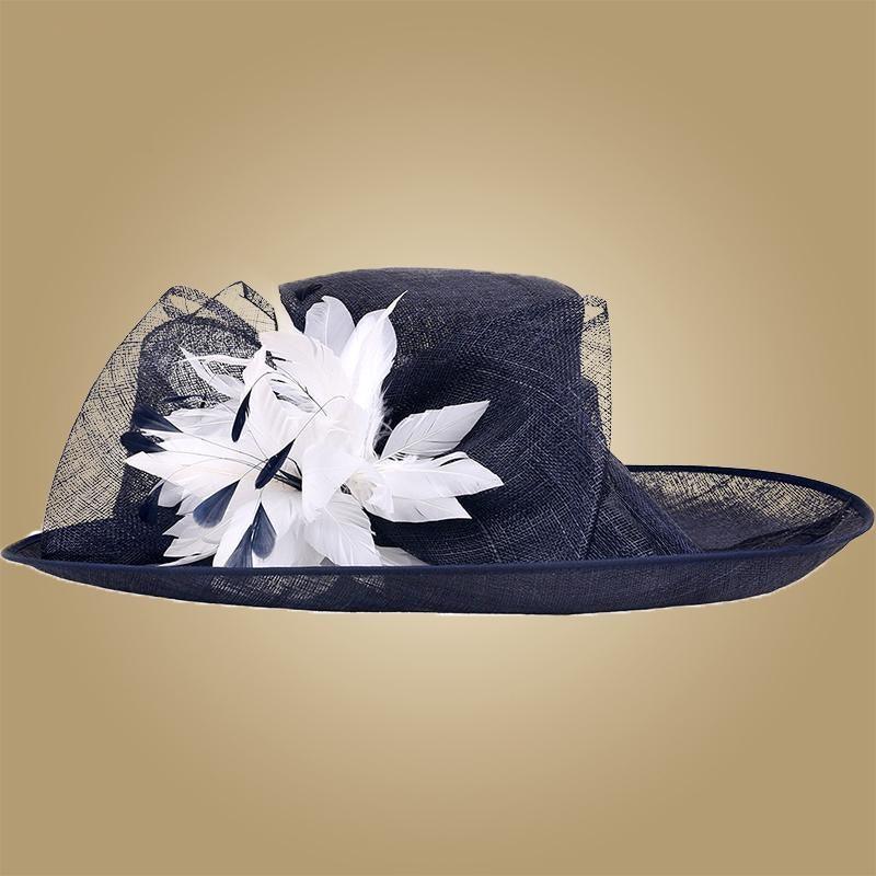 Royal Blue Rose Flower Linen Fedora Large Wide Brim Kentucky Derby Hats - TeresaCollections
