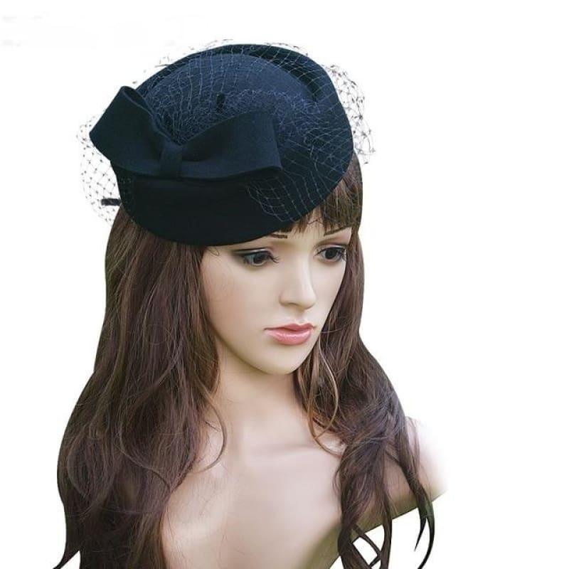 Royal Style Winter Vintage Style Wool Felt Women Fascinator Hat with Bow Race Ascot Hat - Black / China - Hats