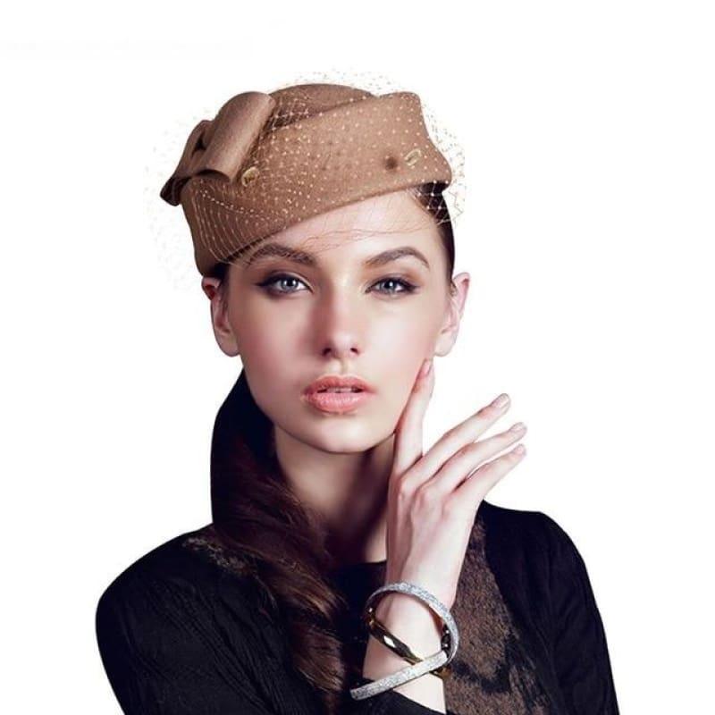Royal Style Winter Vintage Style Wool Felt Women Fascinator Hat with Bow Race Ascot Hat - Camel / China - Hats