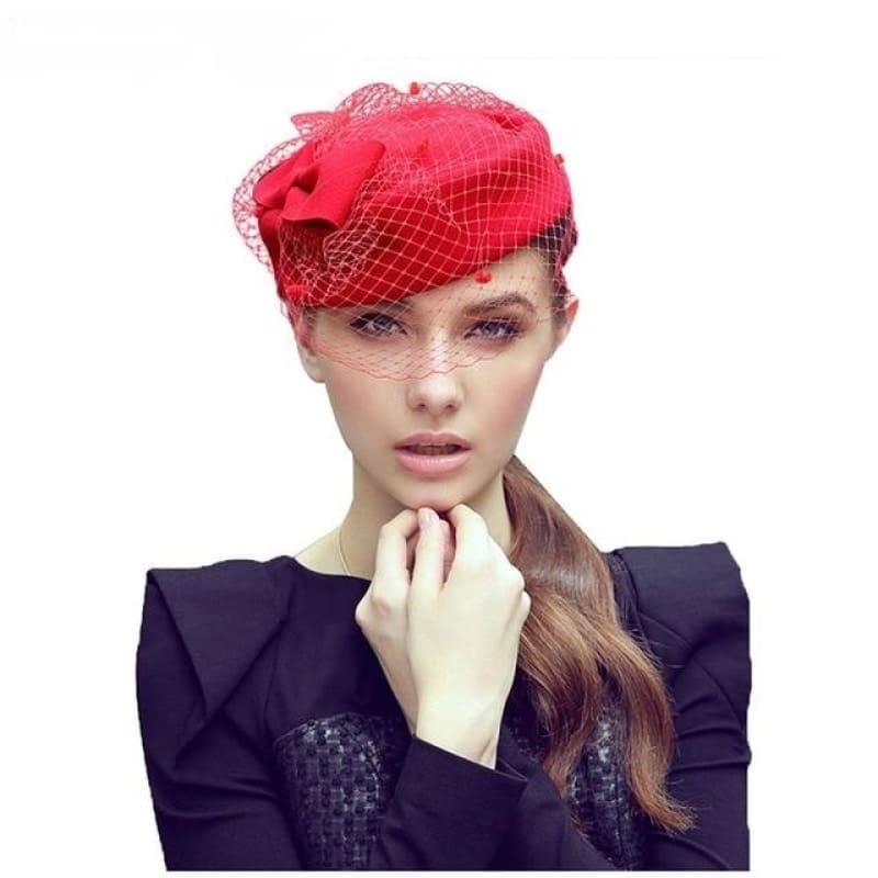 Royal Style Winter Vintage Style Wool Felt Women Fascinator Hat with Bow Race Ascot Hat - Red / China - Hats